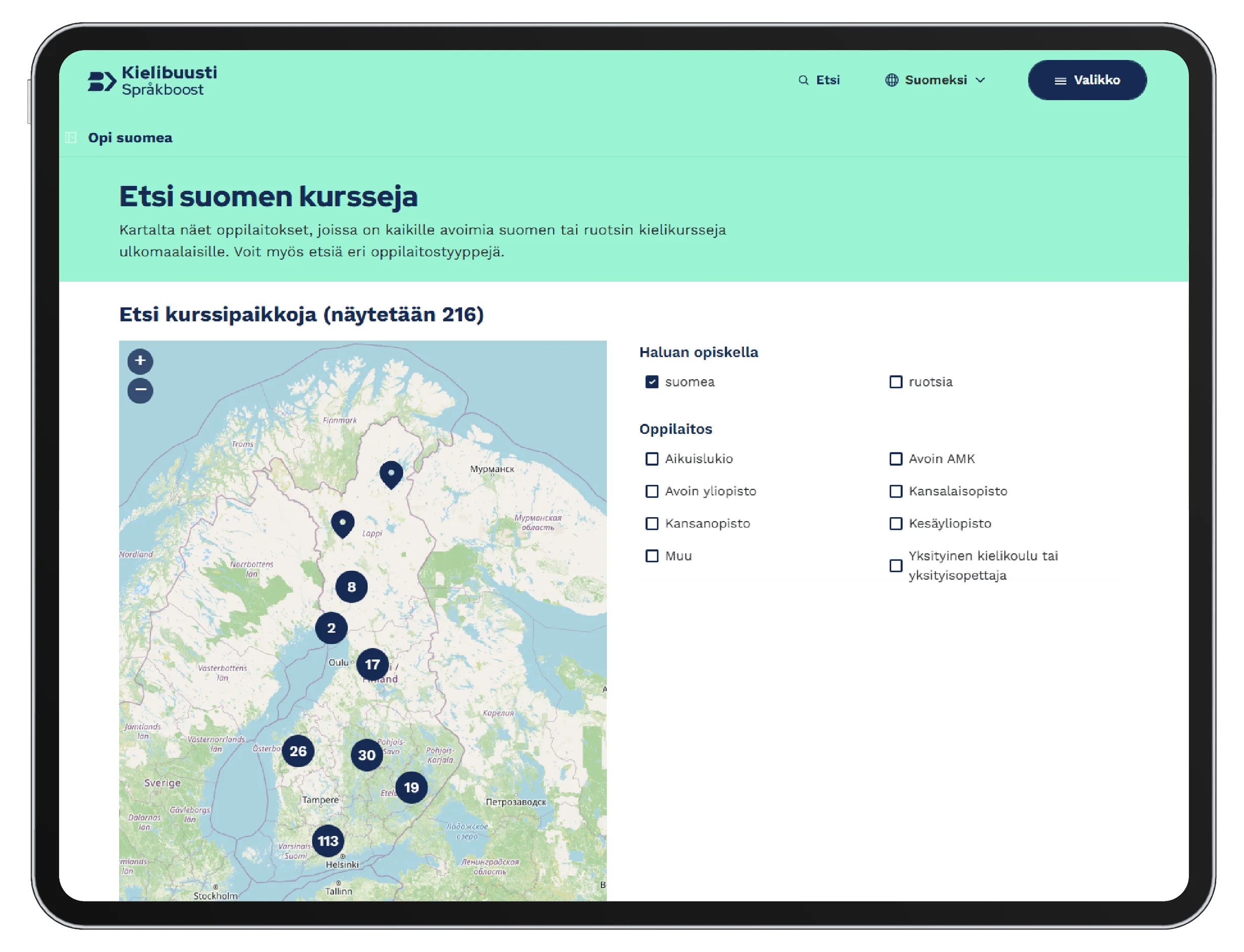 Kielibuusti-portaalin suomen kurssihaku: kartta ja suodattimet.