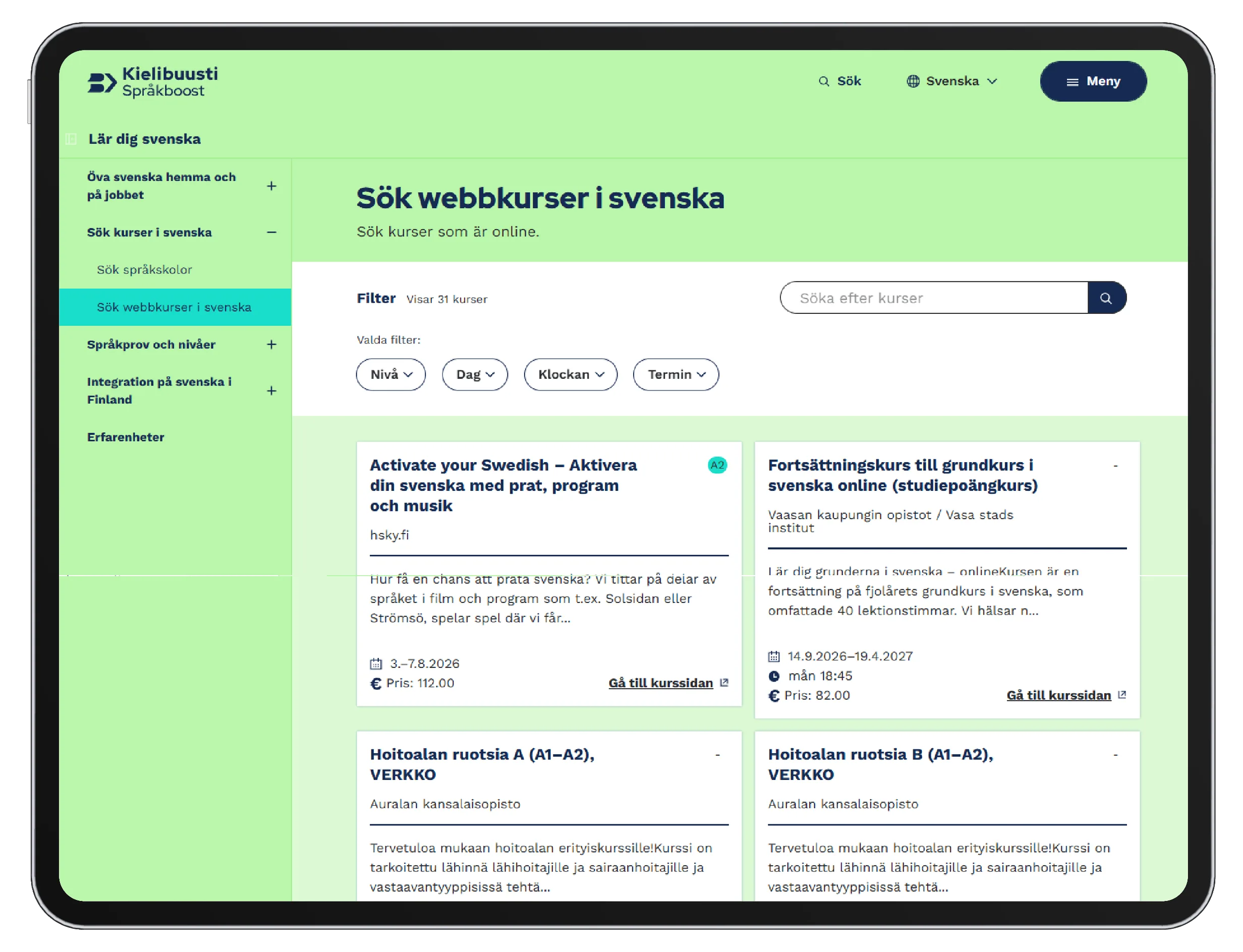 Ruotsin verkkokurssien hakusivu kurssikorteilla.