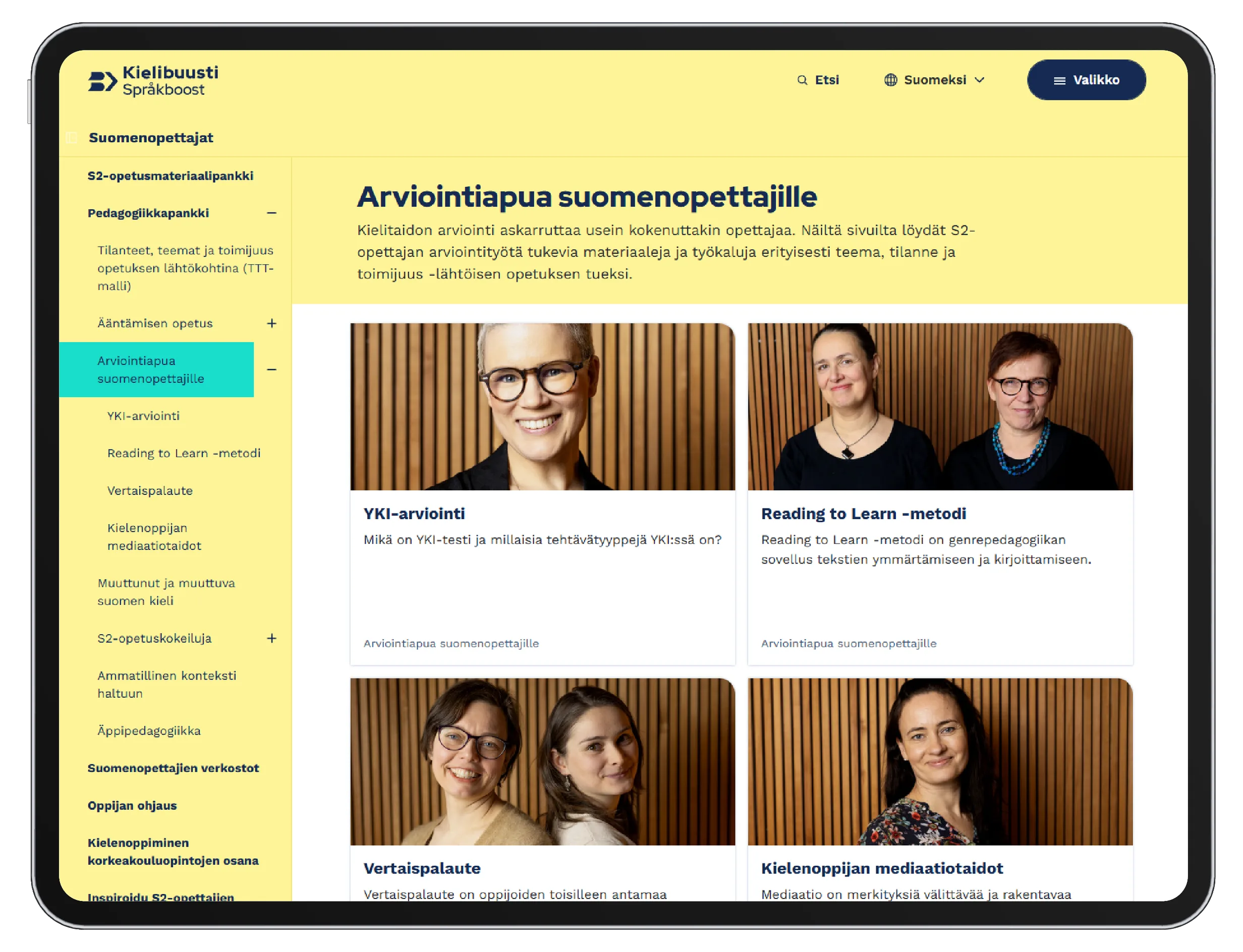 Suomen opettajille suunnattu arviointiapu-sivu asiantuntijakortteineen.