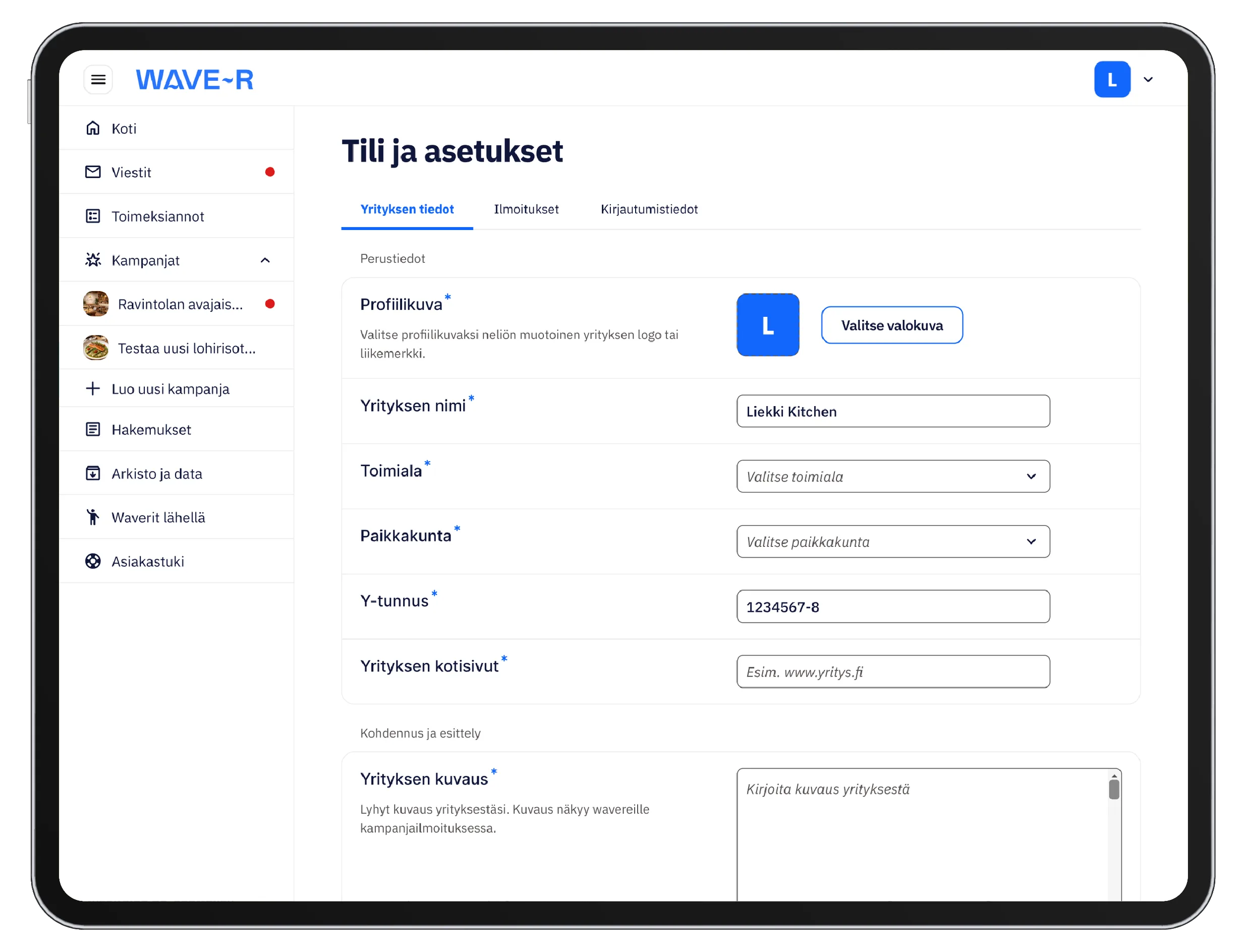 Wave-R:n tili- ja asetussivu työpöytänäkymässä.