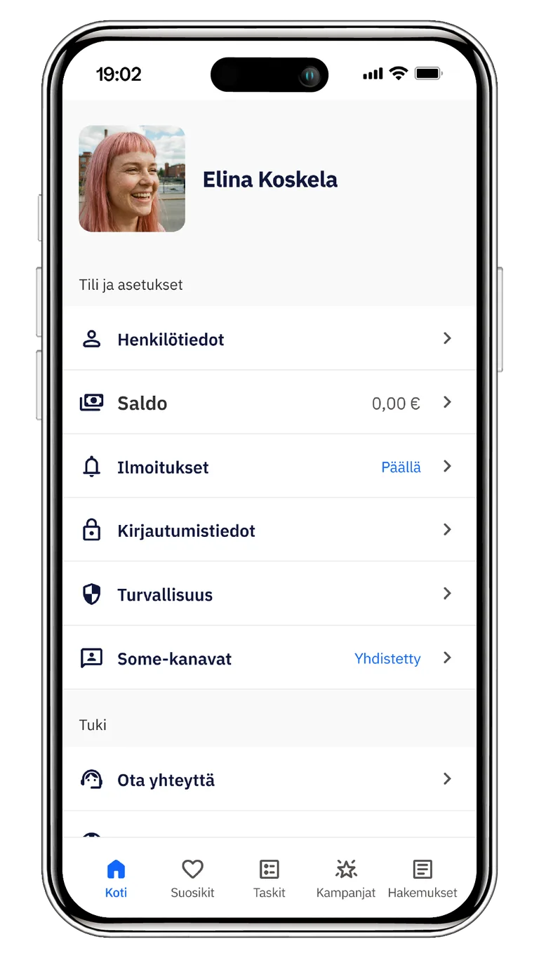 Mobiilisovelluksen tili- ja asetusnäkymä.