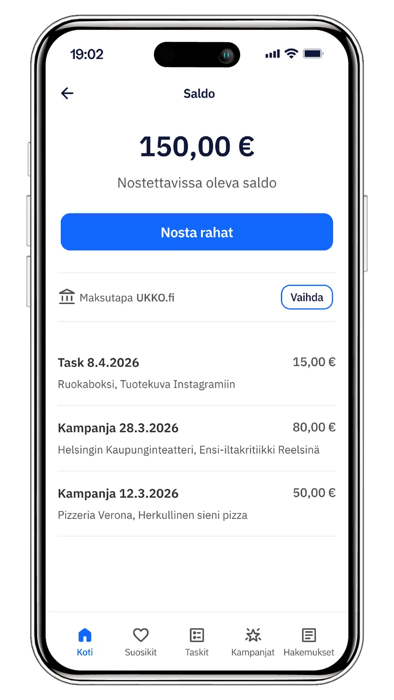 Saldonäkymä, jossa nostettava summa ja tapahtumat.