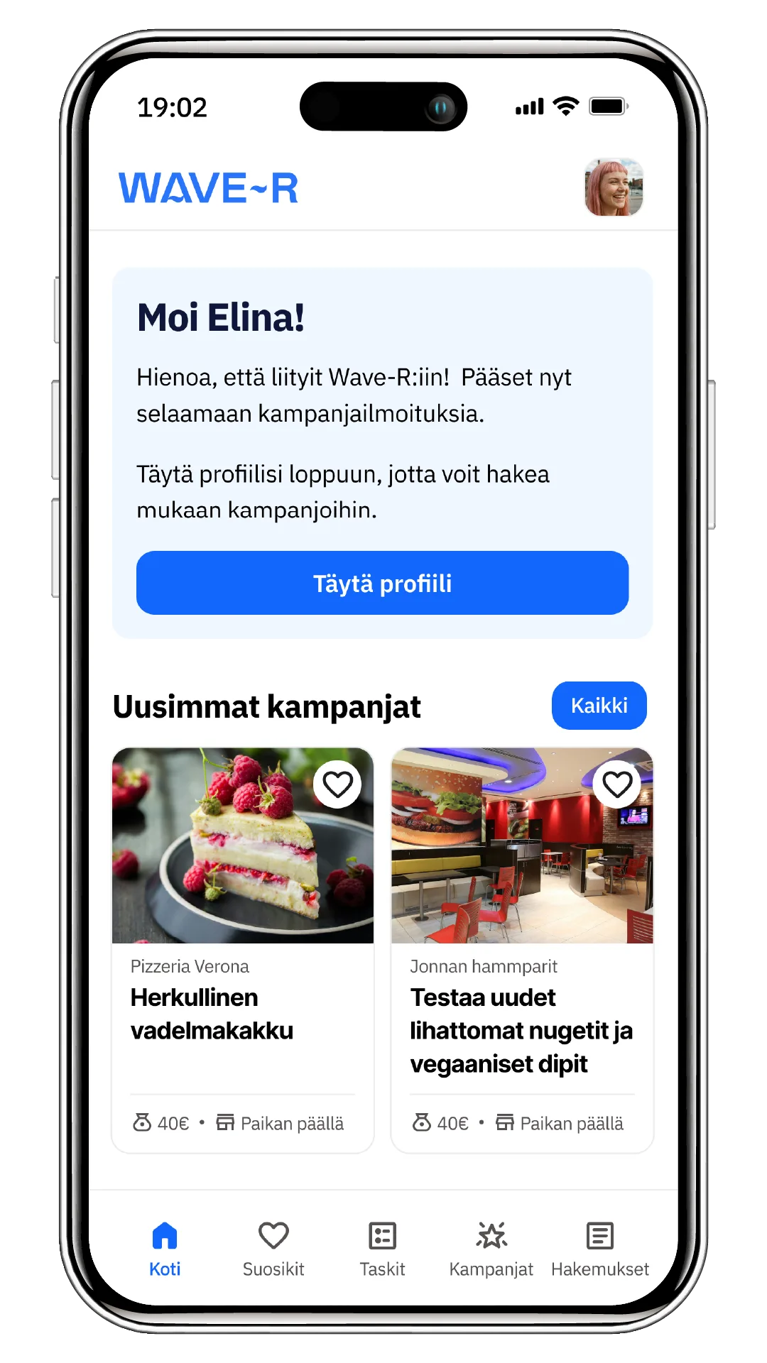 Sovelluksen etusivu tervetuloviestillä ja uusimmilla kampanjoilla.