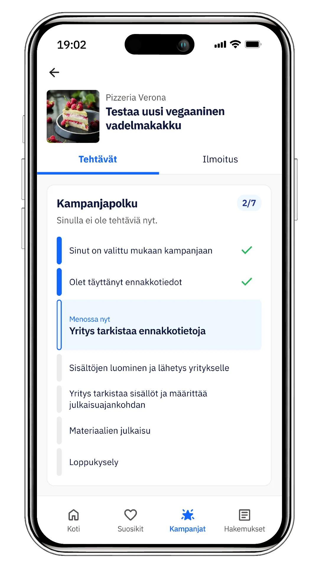 Kampanjapolku, joka näyttää hakemuksen vaiheet.